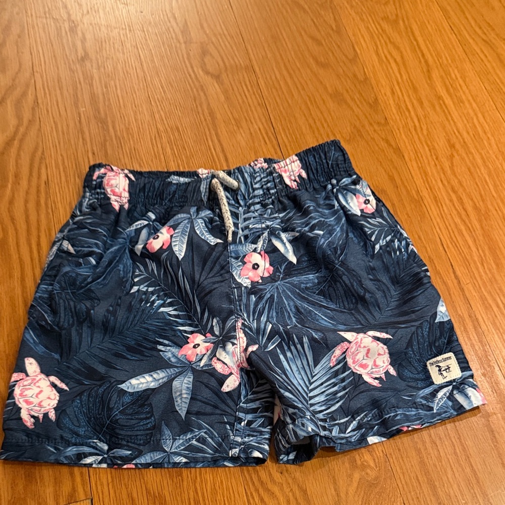 Tropical Navy Kids Swim Trunks with Pink Turtle Design